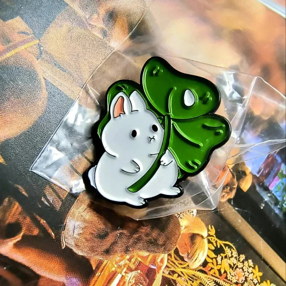 White bunny with green shamrock enamel pin backpack clothes hat denim cap bag